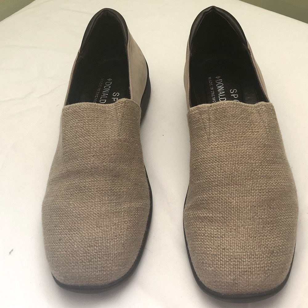 Donald J. Pliner tan with canvas like material on top and tan  suede on the side